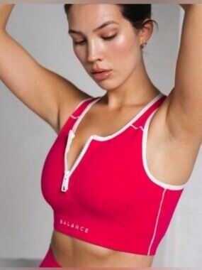 Balance Athletica Vitality Hot Pink Front Zip Sports Bra Cropped Tank Top M